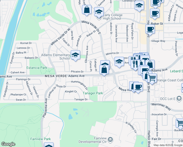 map of restaurants, bars, coffee shops, grocery stores, and more near 2837 Tabago Place in Costa Mesa