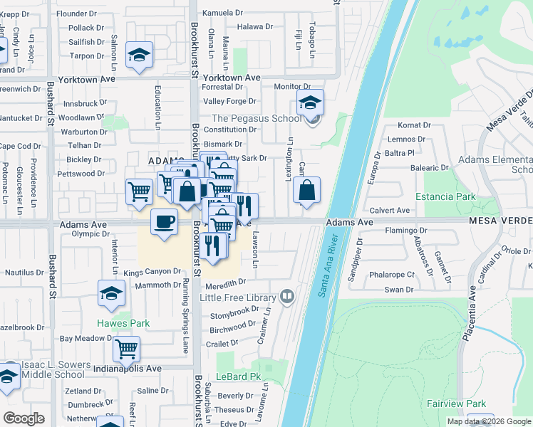 map of restaurants, bars, coffee shops, grocery stores, and more near 10240 Ascot Circle in Huntington Beach