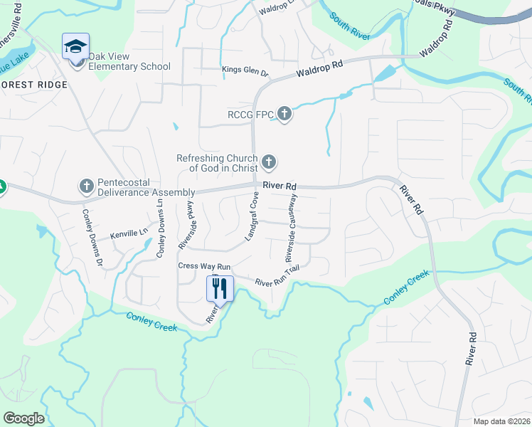 map of restaurants, bars, coffee shops, grocery stores, and more near 3213 River Mist Cove in Decatur