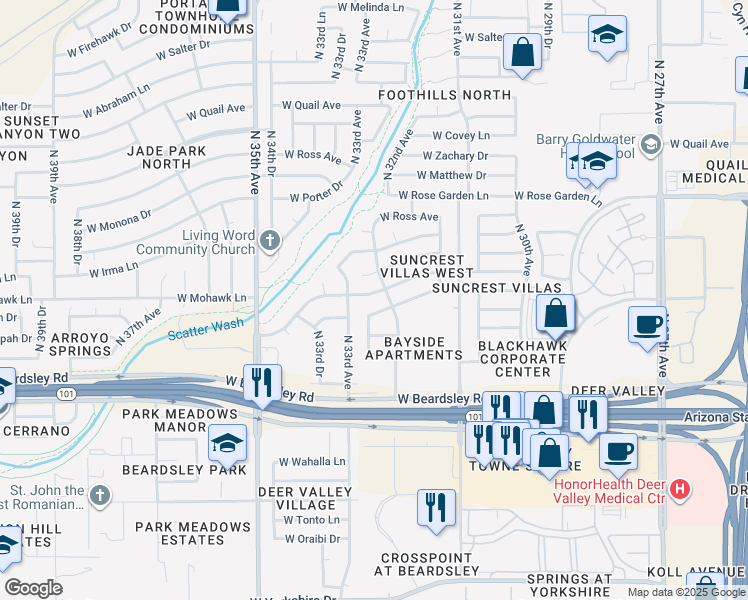 map of restaurants, bars, coffee shops, grocery stores, and more near 3231 West Irma Lane in Phoenix