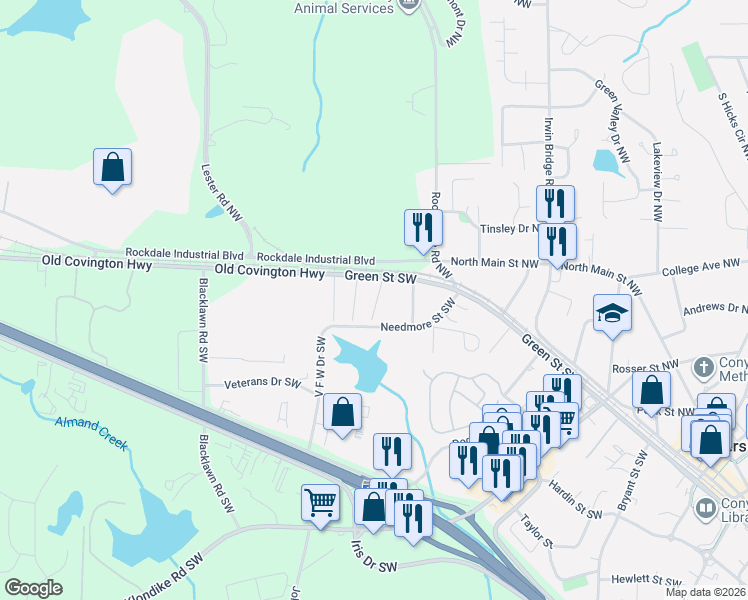 map of restaurants, bars, coffee shops, grocery stores, and more near 1378 Green Street Southwest in Conyers