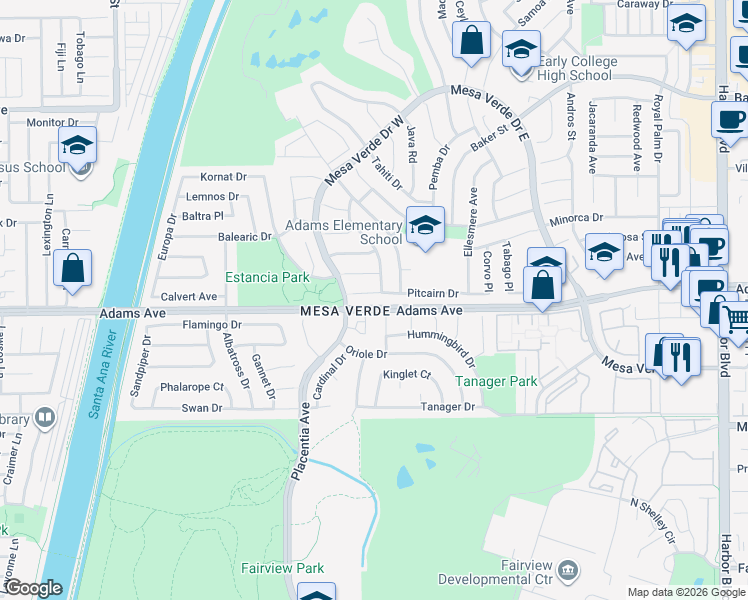 map of restaurants, bars, coffee shops, grocery stores, and more near 1851 Pitcairn Drive in Costa Mesa
