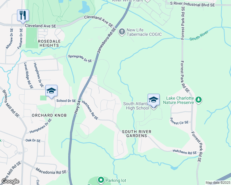 map of restaurants, bars, coffee shops, grocery stores, and more near 793 River Gardens Drive in Atlanta