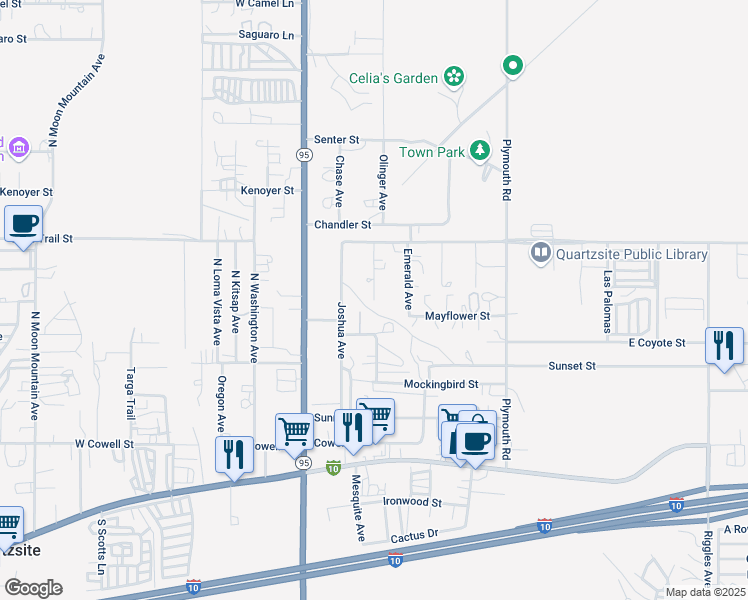 map of restaurants, bars, coffee shops, grocery stores, and more near Road Runner Avenue in Quartzsite