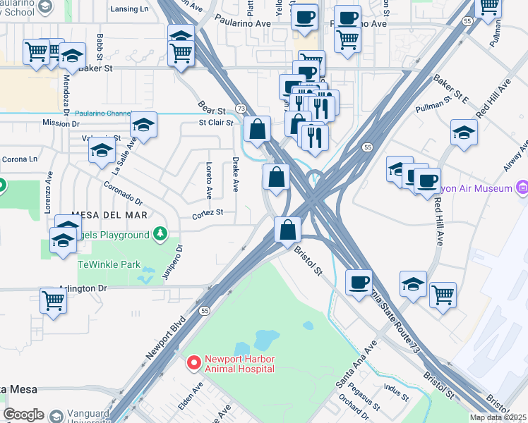 map of restaurants, bars, coffee shops, grocery stores, and more near 2755 Bristol Street in Costa Mesa