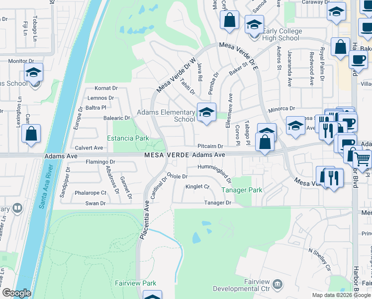 map of restaurants, bars, coffee shops, grocery stores, and more near 1839 Pitcairn Drive in Costa Mesa
