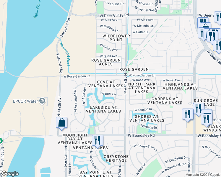 map of restaurants, bars, coffee shops, grocery stores, and more near 10823 Ventana Drive East in Sun City