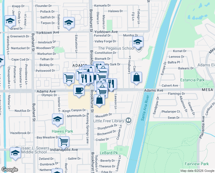 map of restaurants, bars, coffee shops, grocery stores, and more near 10158 Ascot Circle in Huntington Beach