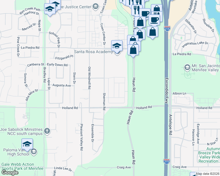 map of restaurants, bars, coffee shops, grocery stores, and more near 30858 Windy Ridge Way in Menifee