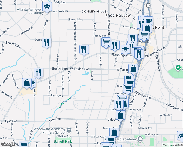 map of restaurants, bars, coffee shops, grocery stores, and more near 1877 West Taylor Avenue in East Point
