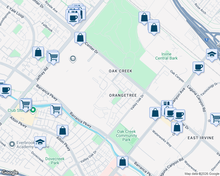 map of restaurants, bars, coffee shops, grocery stores, and more near 411 Tarocco in Irvine