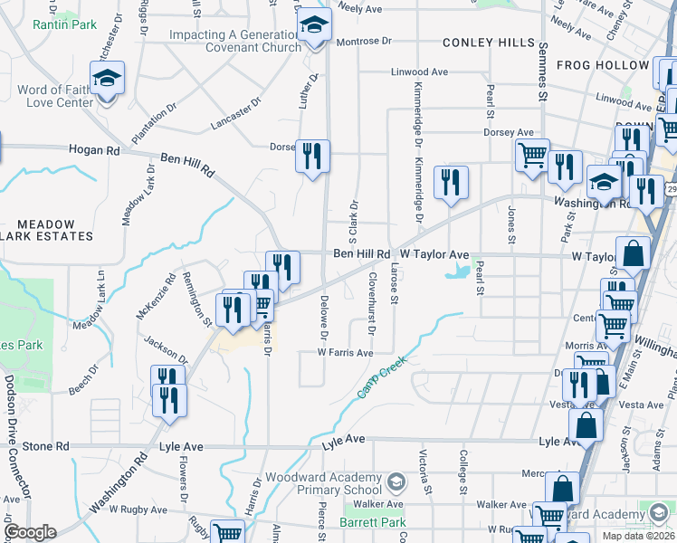 map of restaurants, bars, coffee shops, grocery stores, and more near 2092 Ben Hill Road in East Point