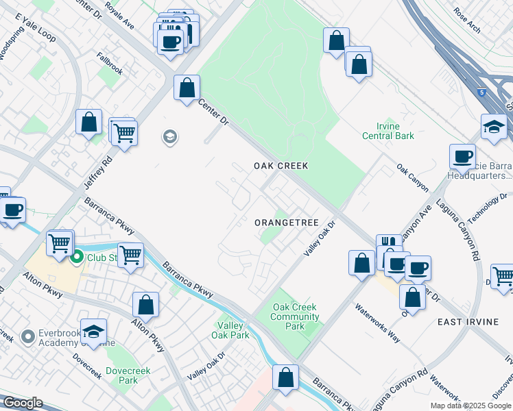 map of restaurants, bars, coffee shops, grocery stores, and more near 15310 Barranca Parkway in Irvine