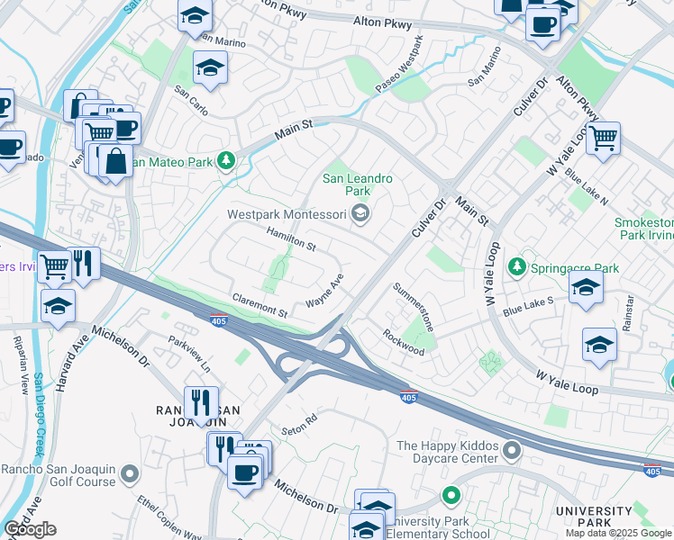 map of restaurants, bars, coffee shops, grocery stores, and more near 3861 Hamilton Street in Irvine