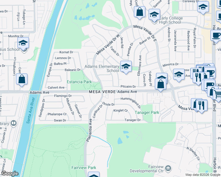 map of restaurants, bars, coffee shops, grocery stores, and more near 1851 Pitcairn Drive in Costa Mesa