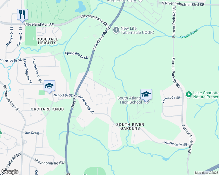 map of restaurants, bars, coffee shops, grocery stores, and more near 799 River Gardens Drive in Atlanta