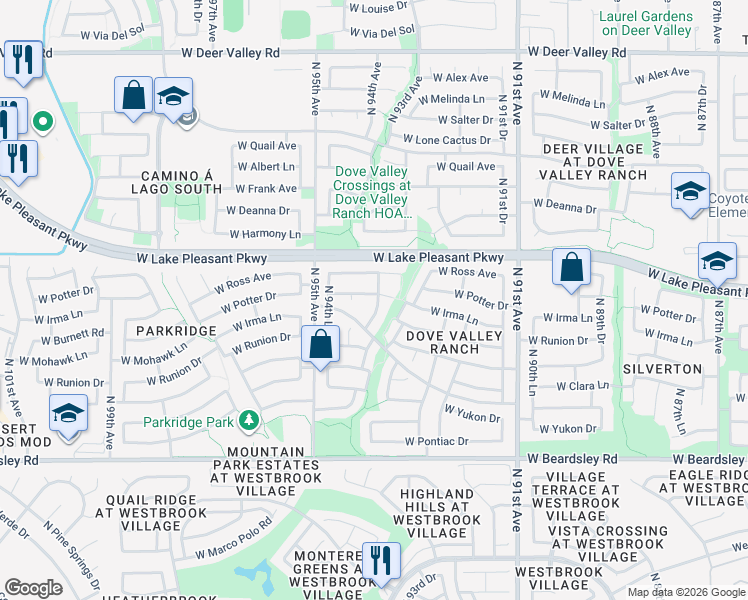 map of restaurants, bars, coffee shops, grocery stores, and more near 9427 West Potter Drive in Peoria