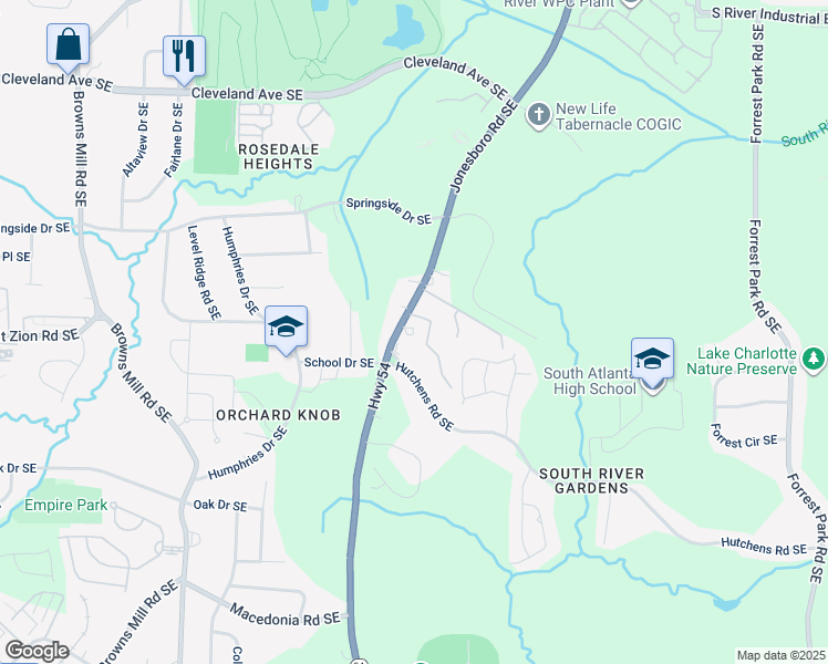 map of restaurants, bars, coffee shops, grocery stores, and more near 2980 Jonesboro Road Southeast in Atlanta