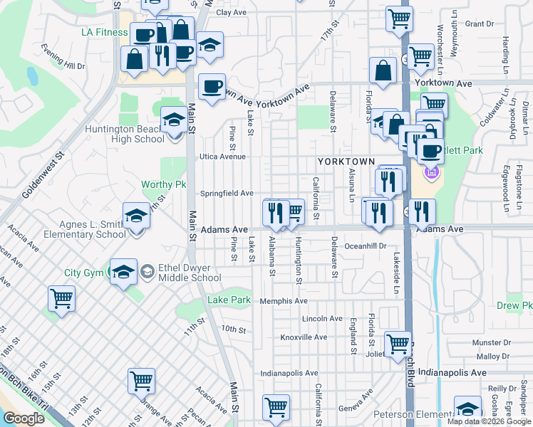 map of restaurants, bars, coffee shops, grocery stores, and more near 1721 Alabama Street in Huntington Beach