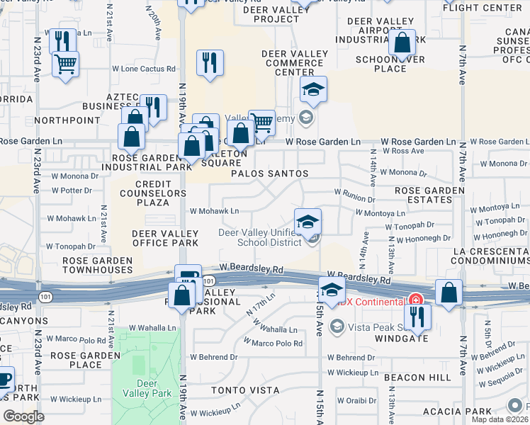 map of restaurants, bars, coffee shops, grocery stores, and more near 1713 West Angel Fire Terrace in Phoenix
