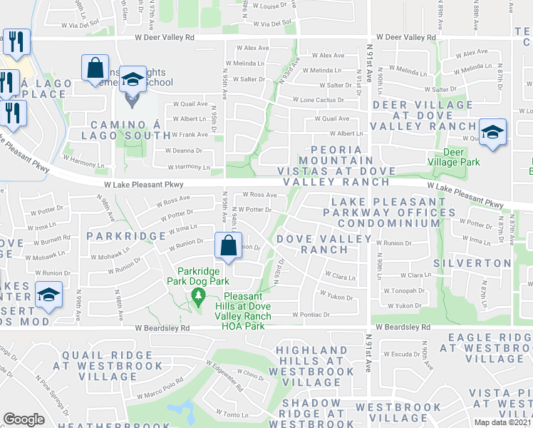 map of restaurants, bars, coffee shops, grocery stores, and more near 9431 West Ross Avenue in Peoria