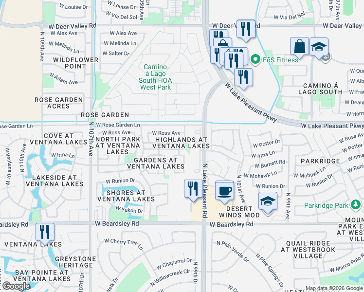 map of restaurants, bars, coffee shops, grocery stores, and more near 10327 West Ross Avenue in Peoria