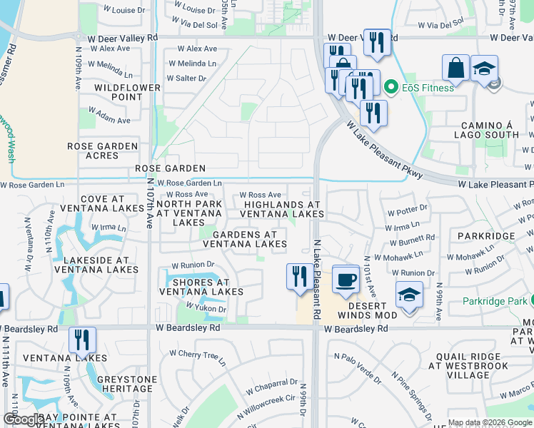 map of restaurants, bars, coffee shops, grocery stores, and more near 10327 West Ross Avenue in Peoria