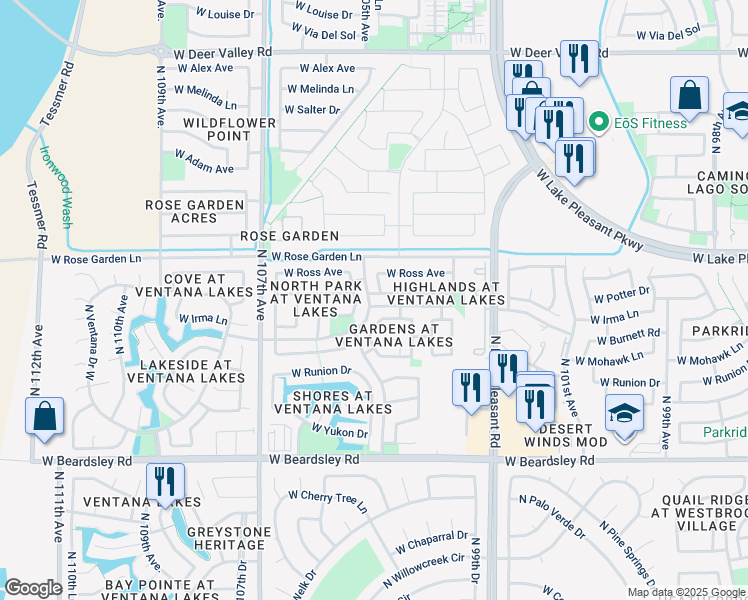 map of restaurants, bars, coffee shops, grocery stores, and more near 20821 North 104th Lane in Peoria
