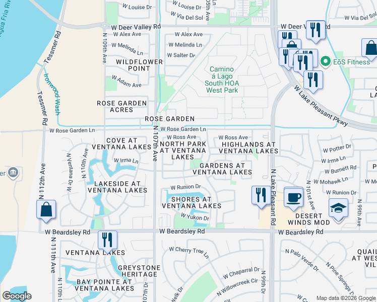 map of restaurants, bars, coffee shops, grocery stores, and more near 10528 West Potter Drive in Peoria