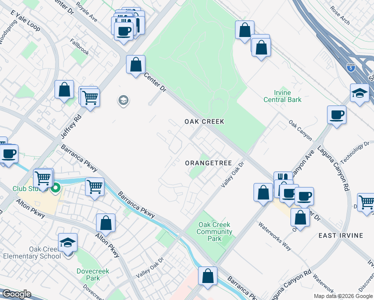 map of restaurants, bars, coffee shops, grocery stores, and more near 411 Tarocco in Irvine