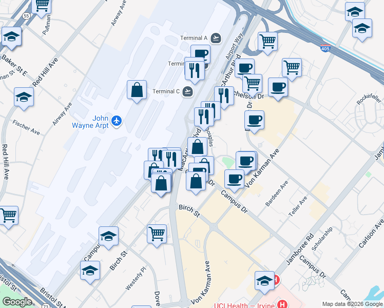 map of restaurants, bars, coffee shops, grocery stores, and more near 18912 Macarthur Boulevard in Irvine