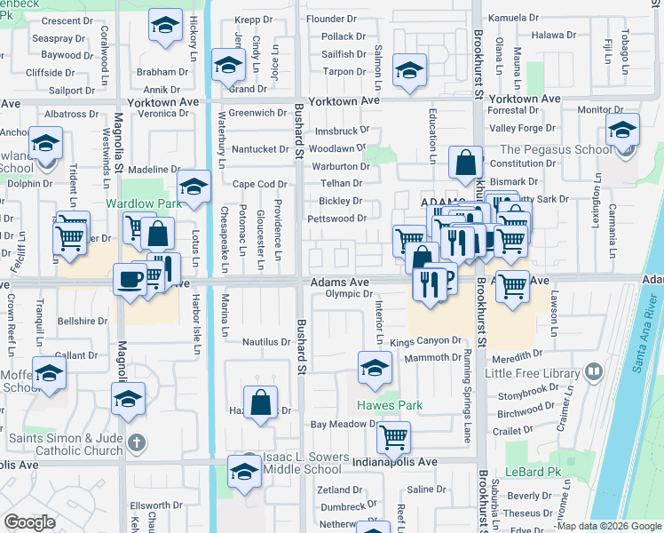 map of restaurants, bars, coffee shops, grocery stores, and more near 203 Raleigh Drive in Huntington Beach