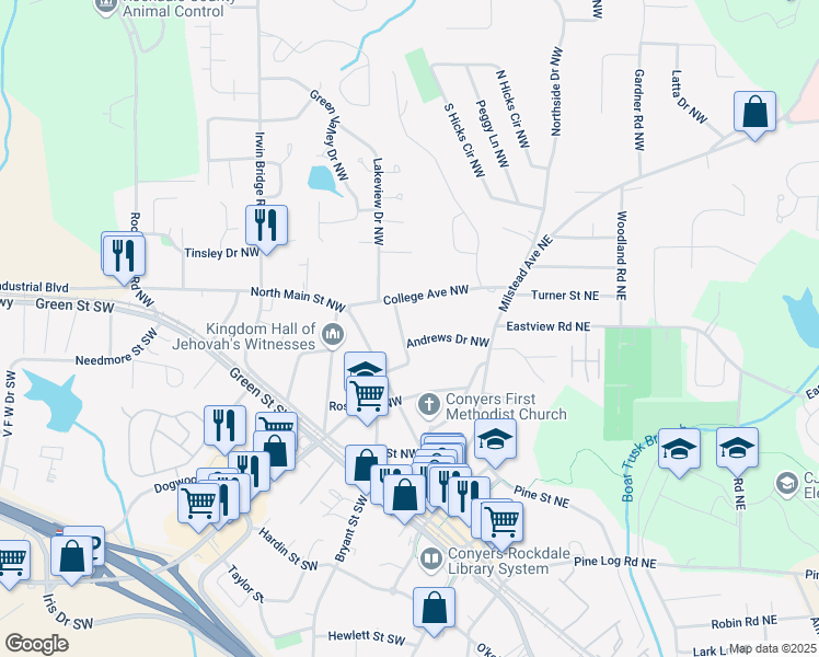 map of restaurants, bars, coffee shops, grocery stores, and more near 1111 Park Circle Northwest in Conyers