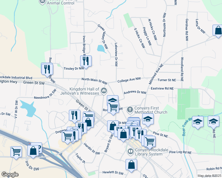 map of restaurants, bars, coffee shops, grocery stores, and more near 1011 North Main Street Northwest in Conyers
