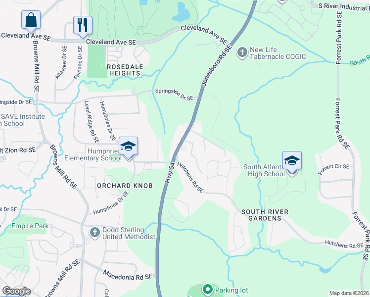 map of restaurants, bars, coffee shops, grocery stores, and more near 2971 Jonesboro Road Southeast in Atlanta