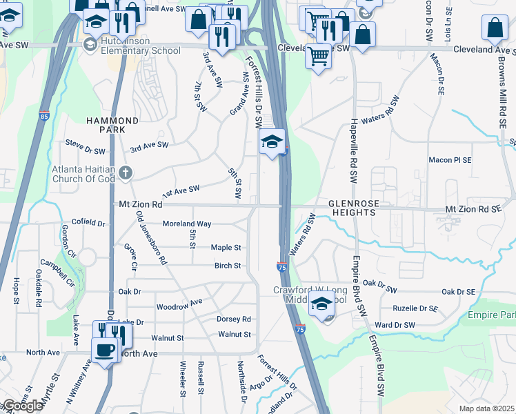 map of restaurants, bars, coffee shops, grocery stores, and more near 281 Mount Zion Road Southwest in Atlanta