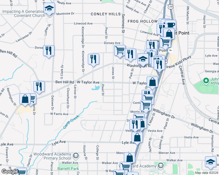 map of restaurants, bars, coffee shops, grocery stores, and more near 1877 West Taylor Avenue in East Point