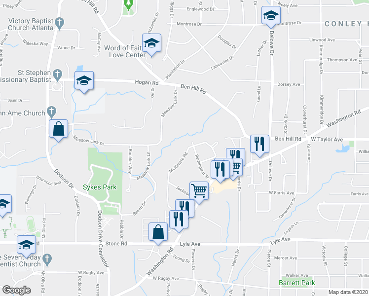 map of restaurants, bars, coffee shops, grocery stores, and more near 3025 McKenzie Road in East Point