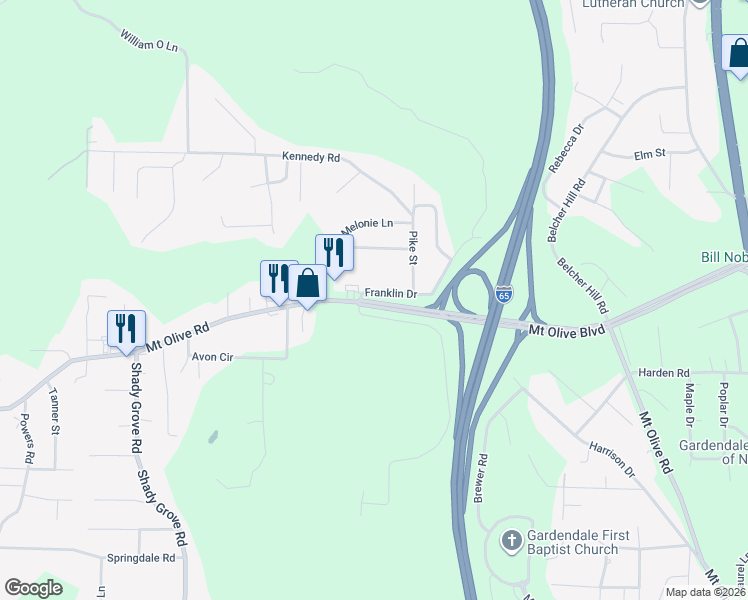 map of restaurants, bars, coffee shops, grocery stores, and more near 2237 Franklin Drive in Mount Olive