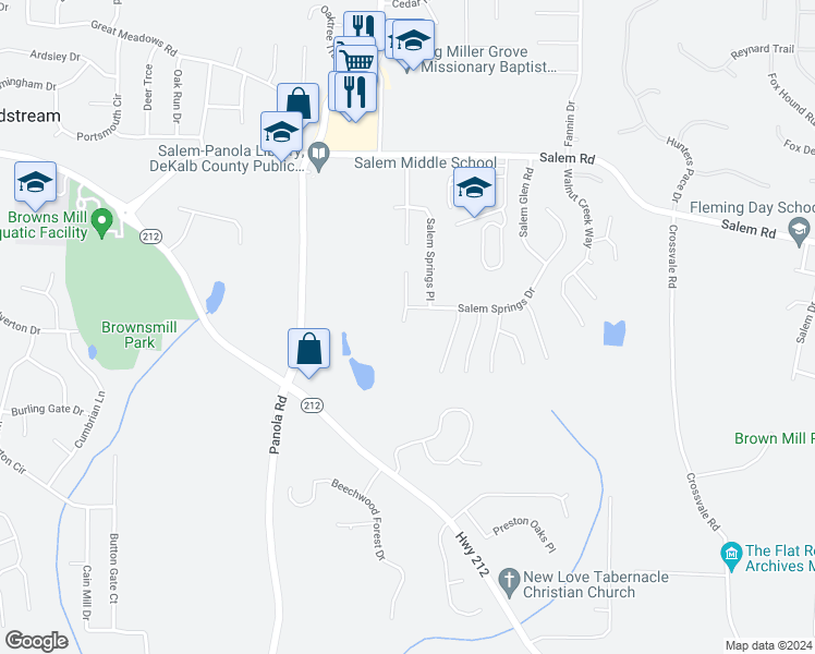 map of restaurants, bars, coffee shops, grocery stores, and more near 3708 Salem Hills Court in Stonecrest