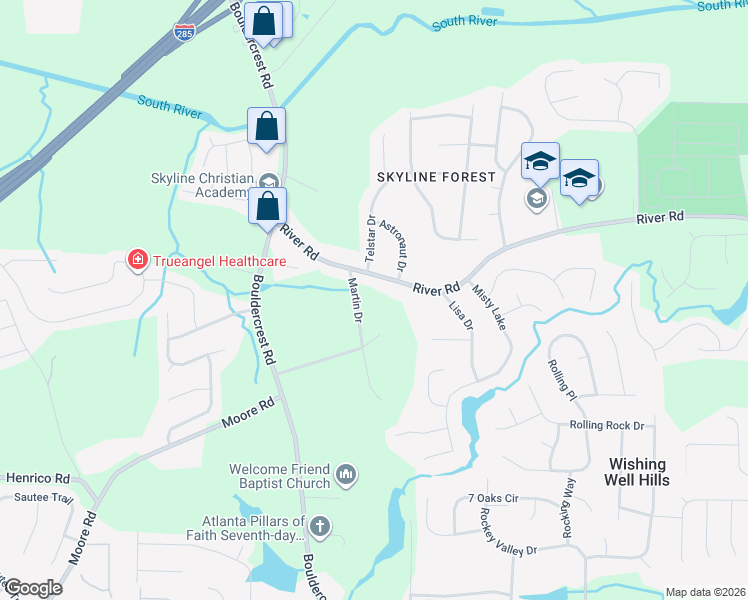 map of restaurants, bars, coffee shops, grocery stores, and more near 2135 River Road in Ellenwood