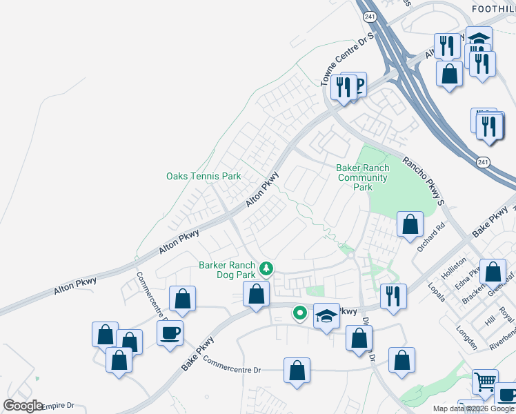 map of restaurants, bars, coffee shops, grocery stores, and more near 55 Fuchsia in Lake Forest