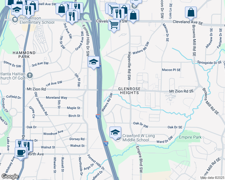 map of restaurants, bars, coffee shops, grocery stores, and more near 167 Mount Zion Road Southwest in Atlanta