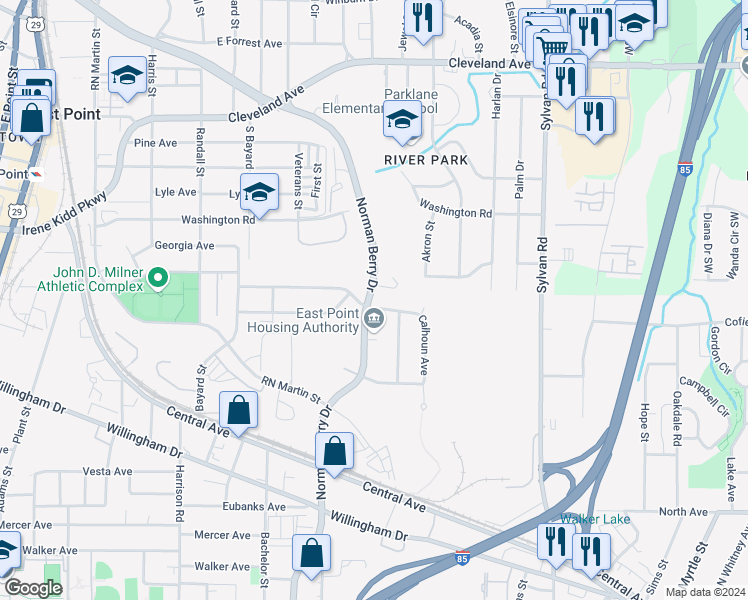map of restaurants, bars, coffee shops, grocery stores, and more near 1147 Calhoun Avenue in East Point