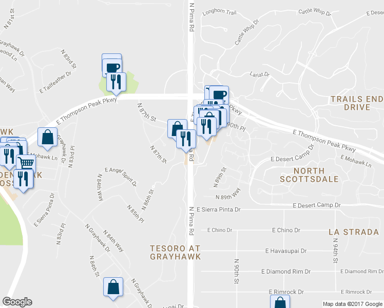 map of restaurants, bars, coffee shops, grocery stores, and more near 20977 North Pima Road in Scottsdale