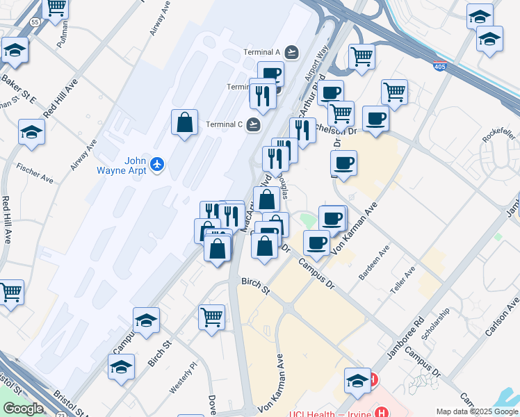 map of restaurants, bars, coffee shops, grocery stores, and more near 18952 Macarthur Boulevard in Irvine