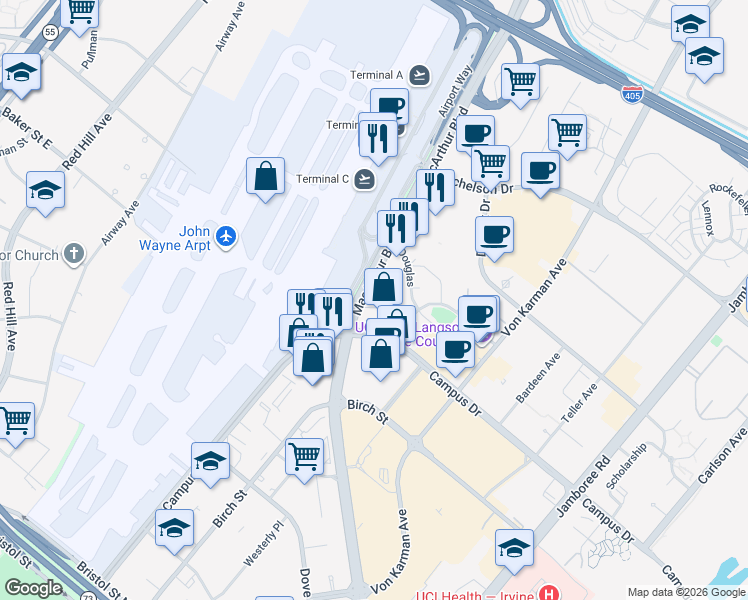 map of restaurants, bars, coffee shops, grocery stores, and more near 18952 Macarthur Boulevard in Irvine