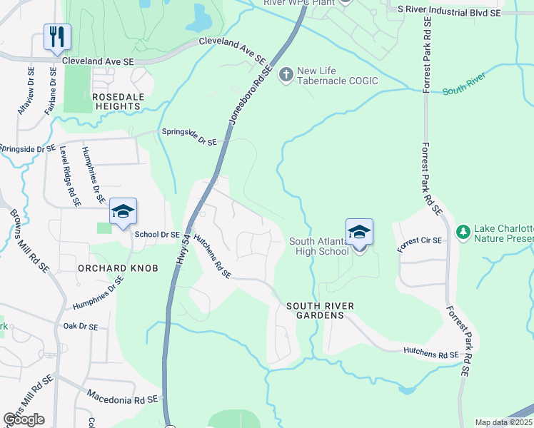 map of restaurants, bars, coffee shops, grocery stores, and more near 793 River Gardens Drive in Atlanta