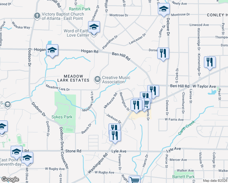 map of restaurants, bars, coffee shops, grocery stores, and more near 3005 Remington Street in East Point