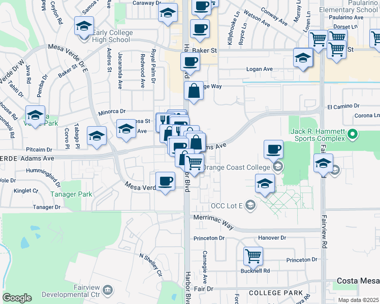 map of restaurants, bars, coffee shops, grocery stores, and more near in Costa Mesa